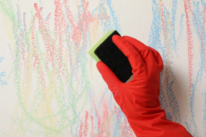 Woman-erasing-childs-drawing-from-white-wall-closeup - Tribble Painting Woman erasing child's drawing from white wall, closeup