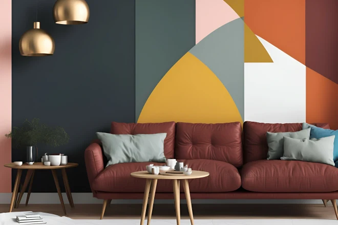 A-living-room-with-a-colorful-geometric-pattern-feature-wall